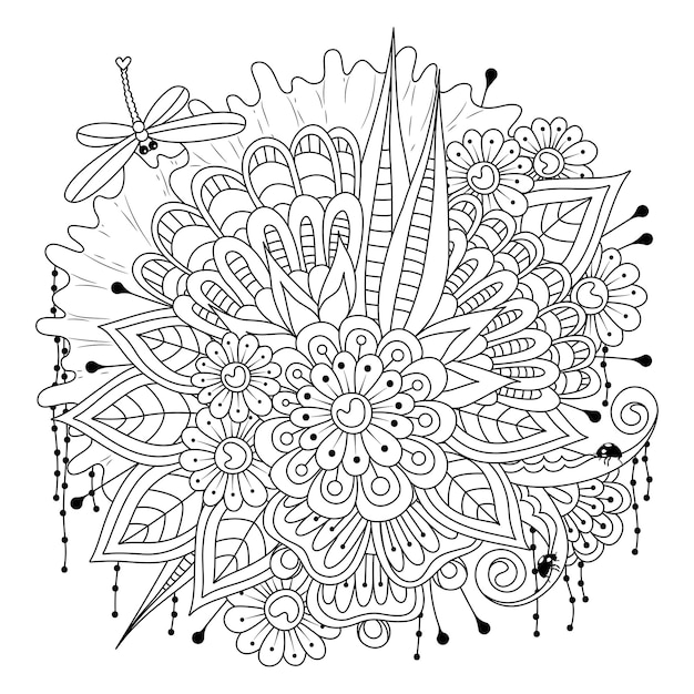 Una libellula vola sopra un mazzo di fiori pagina da colorare illustrazione al tratto artistico