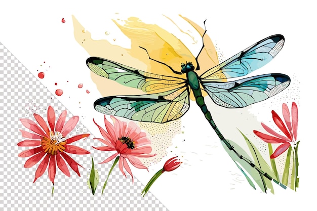 A dragonfly on a flower field with watercolors.