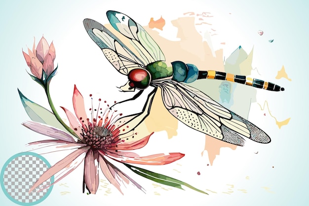 A dragonfly on a flower with watercolors.