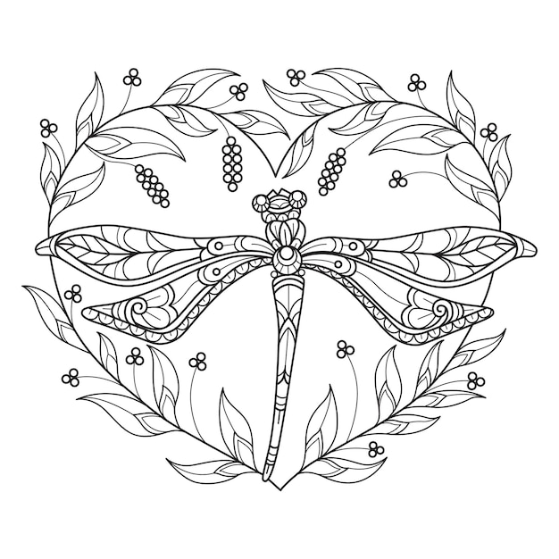 Dragonfly and heart hand drawn for adult coloring book