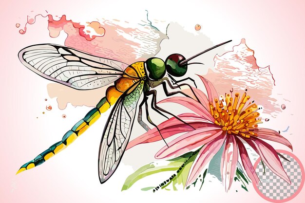 Vector a dragonfly is on a pink background with a watercolor background.