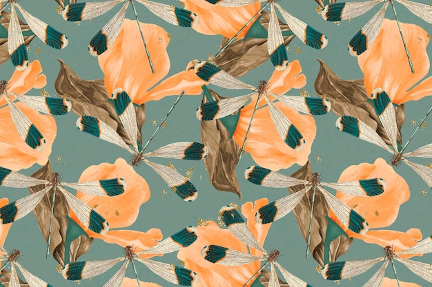 トンボと葉の抽象的なパターンベクトル、ジョージショーによる自然主義者の雑貨からのヴィンテージリミックス