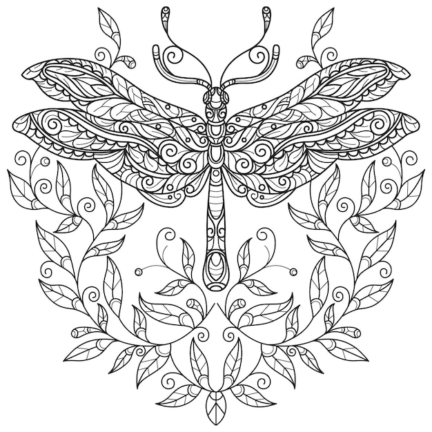 Dragonfly and leaf hand drawn for adult coloring book