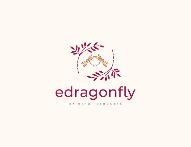 Dragonfly and leaves illustration logo design