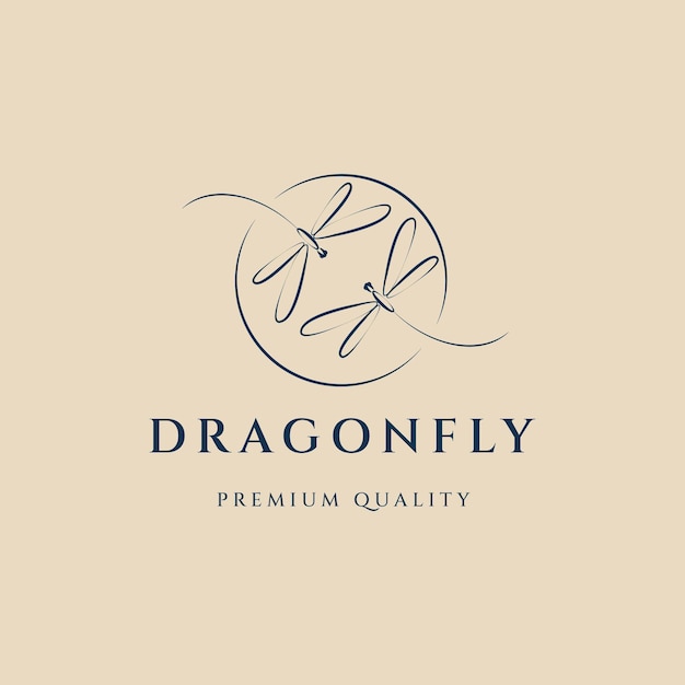 Dragonfly line art logo icon and symbol with emblem vector illustration design