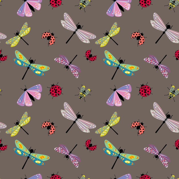 Dragonfly seamless pattern fantastic image insect On dark background