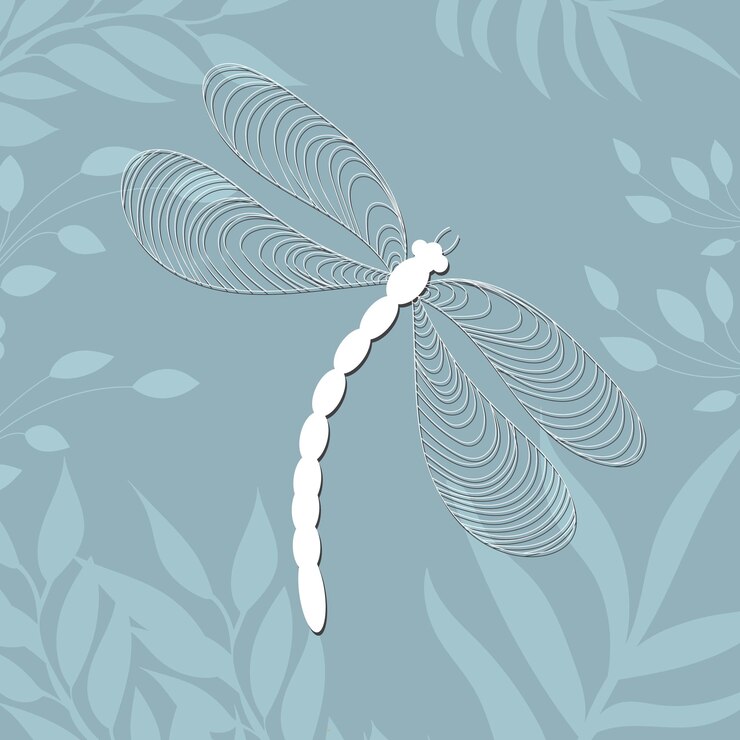 Vector dragonfly white silhouette, doodle design on floral background, isolated