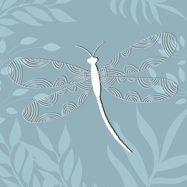 Dragonfly wit silhouet, doodle ontwerp op florale achtergrond, geïsoleerd, vector
