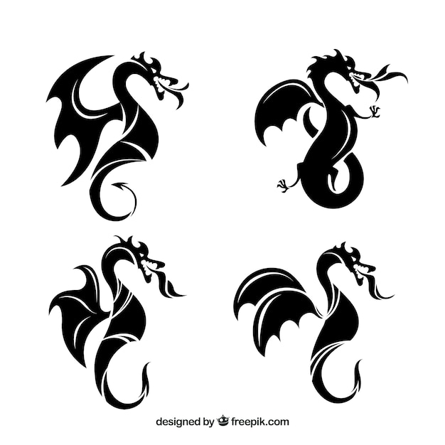 Вектор Коллекция драконов в черном цвете