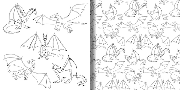 Dragons doodle hand drawn set and seamless pattern wallpapers of children sketch fantasy animals