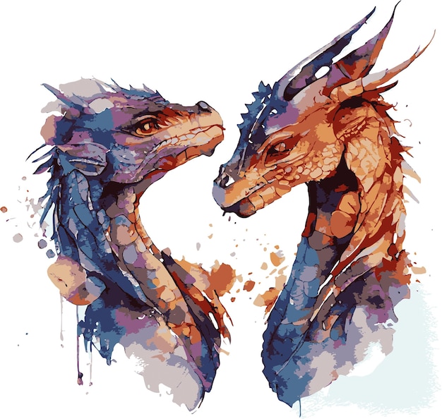 Dragons drawn with watercolor, dragon family, vector, illustrator