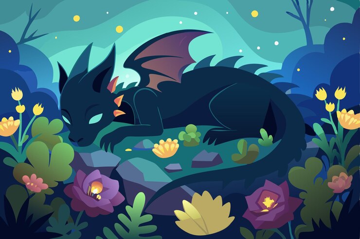 Vector dragons rest silhouette of a sleeping dragon on an ethereal bed of embers