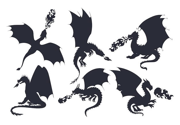 Dragons silhouettes flying fire breathing reptiles medieval dragons characters fairy dragon silhouette flat vector illustration set