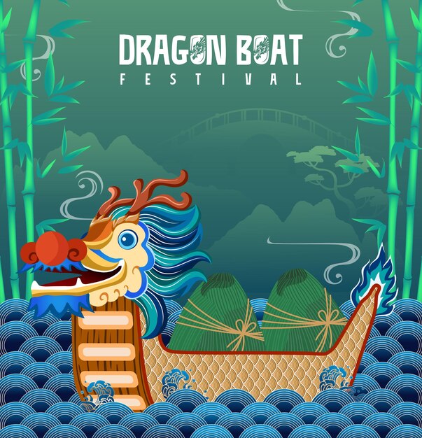 Vector drakenbootfestival. mooie drakenboot op papier kalligrafie chinees. duanwu-vakantienaam geschreven i