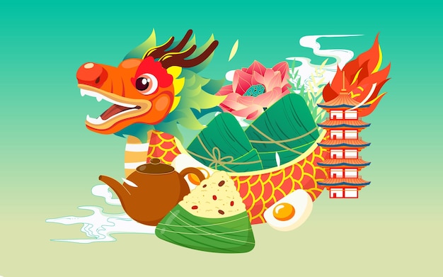 Drakenbootrace op drakenbootfestival die zongzi traditioneel eten vectorillustratie eten
