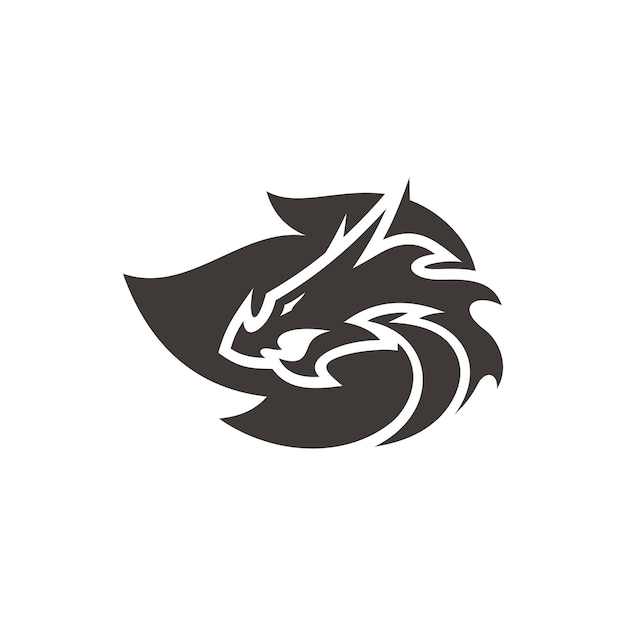 Drakenkop silhouet en vuurvlam symbool vector logo in zwart-witte kleur