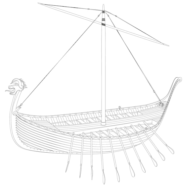 Vector drakkar viking roeien schip in lijn kunst normandisch schip zeilen