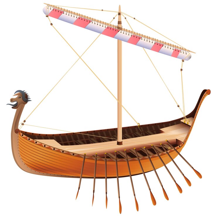 Vector drakkar viking rowing ship in realistic style norman ship sailing colorful vector illustration