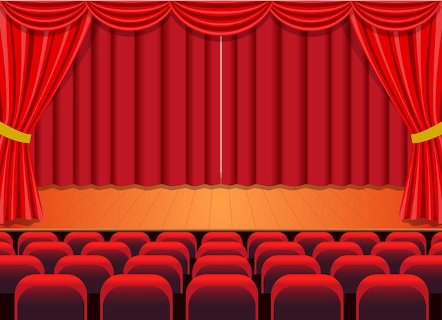 ベクトルデザインによる魅力的な赤いカーテンと光景のドラマ劇場ステージ