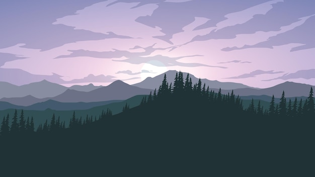 Vector dramatic sunrise scene with forest and mountain