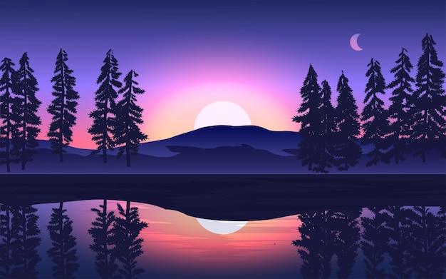 Vector dramatic sunset over lake with pine trees in silhouette