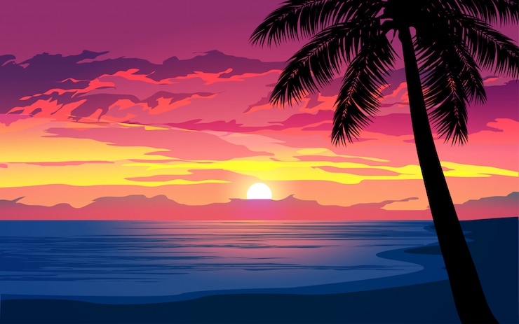 Vector 熱帯のビーチで劇的な夕日
