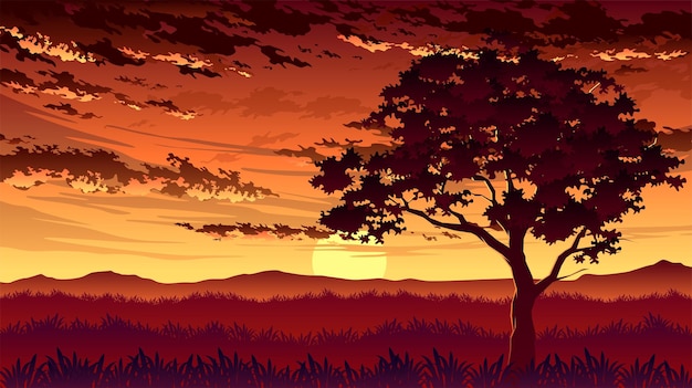 Vettore illustrazione drammatica del paesaggio della fauna selvatica del tramonto