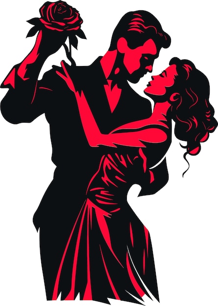 Vettore coppia che balla il tango in abiti rossi e neri