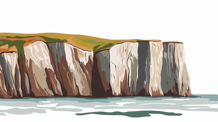 Vector dramatic view of rugged cliffs and sea on cloudy day