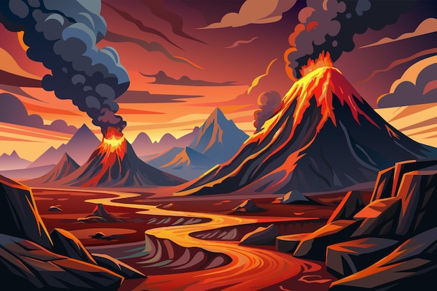 Vettore un drammatico paesaggio vulcanico con foci fumose e formazioni di lava frastagliate illustrazione