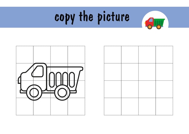 종이에 어린이 미니게임의 예를 사용하여 트럭 그리기 격자선을 사용하여 그림 복사