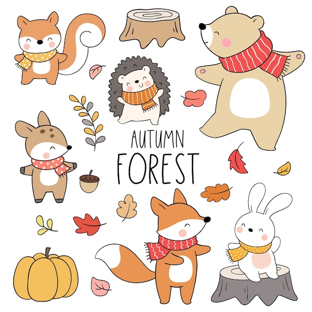 Vettore disegna foresta autunnale animale bosco