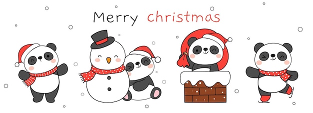 Draw baby panda bear in snow for Christmas and winter