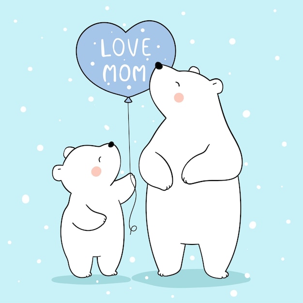 Draw baby polar bear with mom in snow for mother day