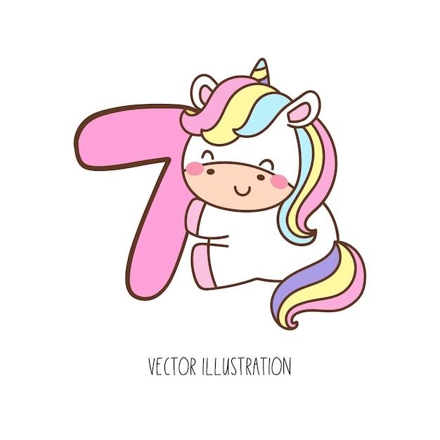 Vettore disegna l'unicorno numero sette compleanno per bambini doodle in stile cartone animato