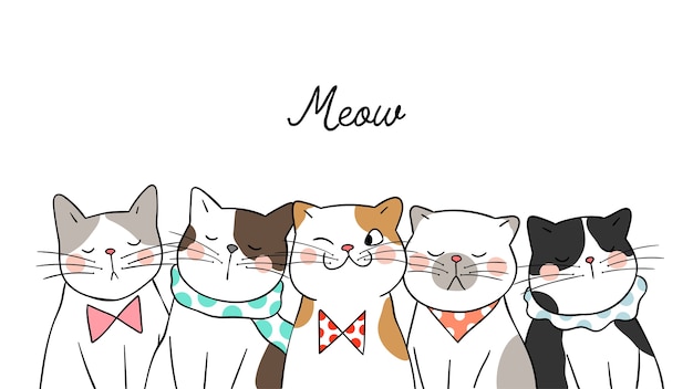 Draw banner background portrait cute cats on white