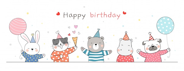 Disegna banner simpatico animal party su bianco per il compleanno.