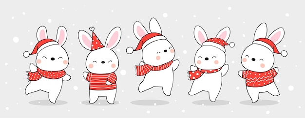 Draw banner cute bunny snow for Christmas and new year