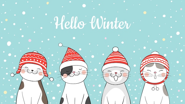Disegna banner simpatico gatto nella neve per natale.