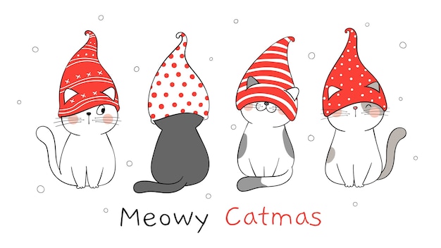 Draw banner cute cat with gnome hat For Christmas.