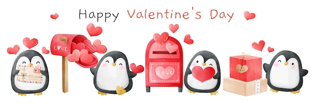 Вектор Нарисуйте баннер милых пингвинов с красным сердцем на день святого валентина