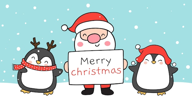 Вектор Нарисуйте баннер милый санта с пингвином рождество и зима