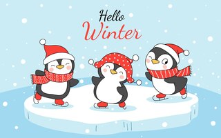 draw banner funny penguin in snow for winter and christmas