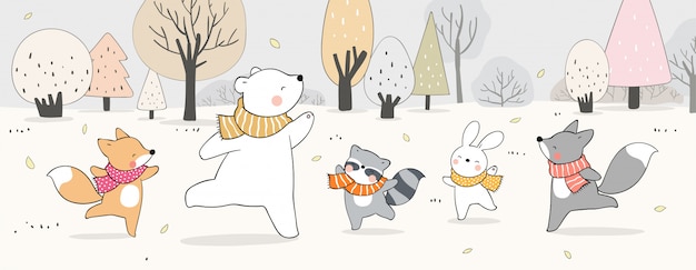 Vector draw banner happy animal in woodland for autumn season.