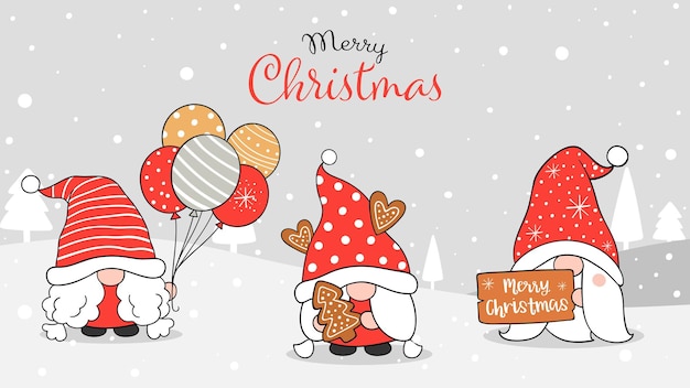 Draw banner illustration design cute gnome in snow for christmas and new year doodle cartoon style