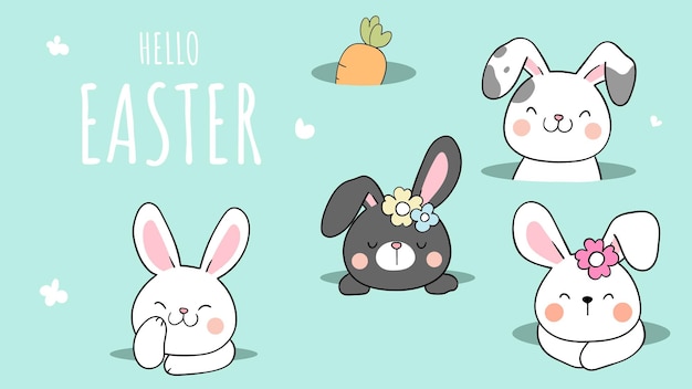 Vector draw bannerbunny in hole on green for easter and spring