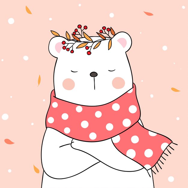 Draw bear with beauty scarf on sweet pastel for autumn.