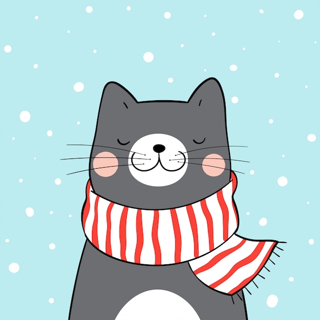 Vector draw black cat with red scarf in snow for christmas.