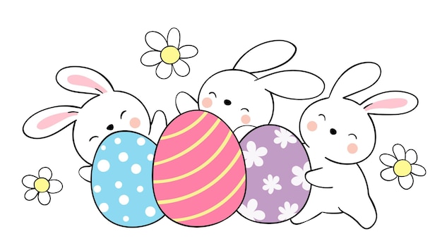 Vector draw bunny with eggs for easter and spring