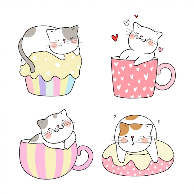 Draw cat different pose in cup of tea and cupcake.